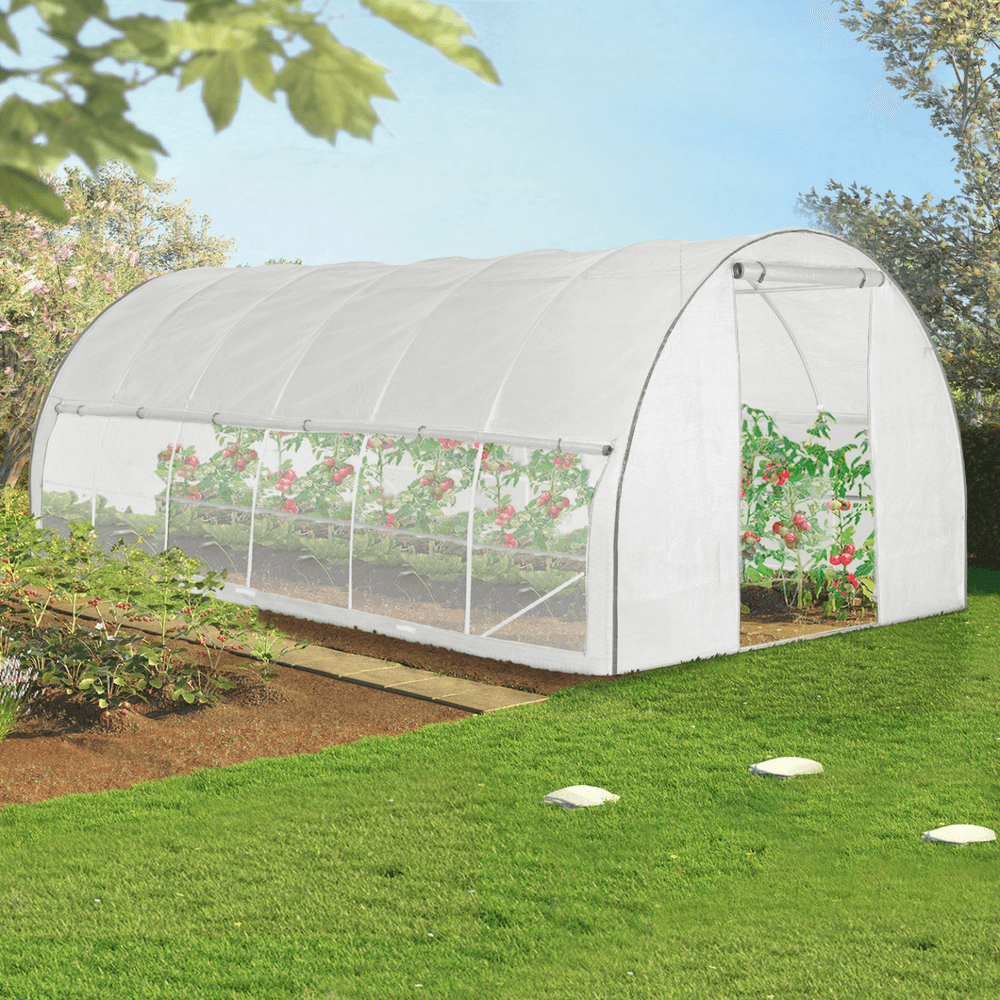 Serre de jardin tunnel 18m² 6 x 3 x 2 m acier galvanisé + bâche anti-uv avec porte et fenêtres crimée blanche avec moustiquaire