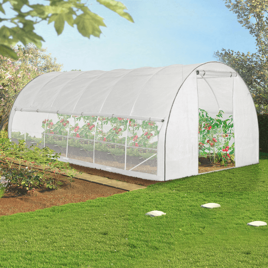 Serre de jardin tunnel 18m² 6 x 3 x 2 m acier galvanisé + bâche anti-uv avec porte et fenêtres crimée blanche avec moustiquaire