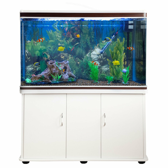 Aquarium blanc avec meuble de support blanc assorti et gravier naturel