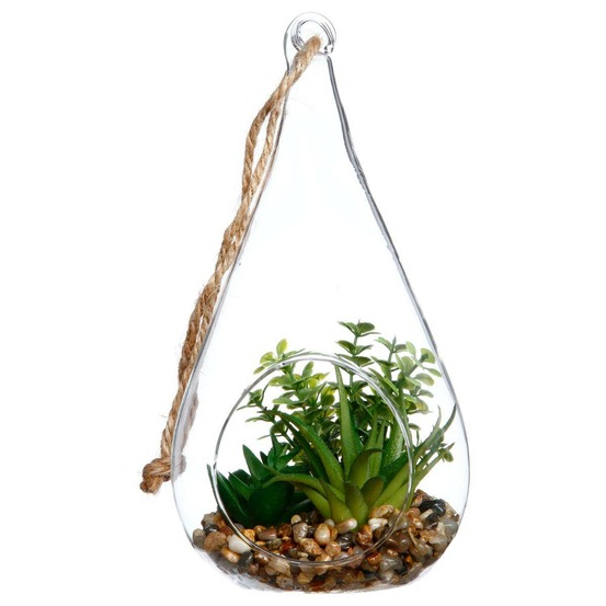 Plante artificielle suspendue - pot goutte en verre - h19 - 5 cm