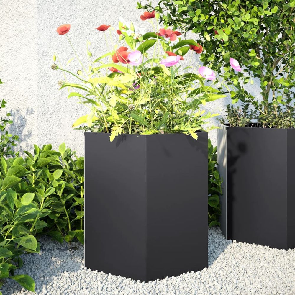 Jardinière hexagonale géométrique en acier robuste pour création florale originale jardin noir 46x40x45cm