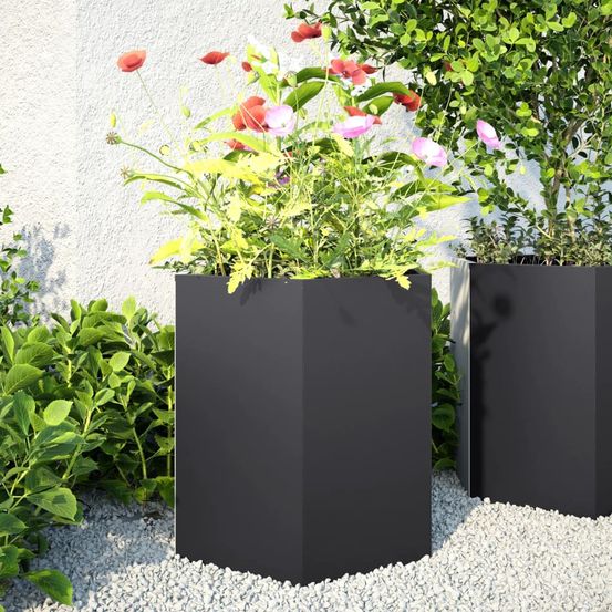 Jardinière hexagonale géométrique en acier robuste pour création florale originale jardin noir 46x40x45cm