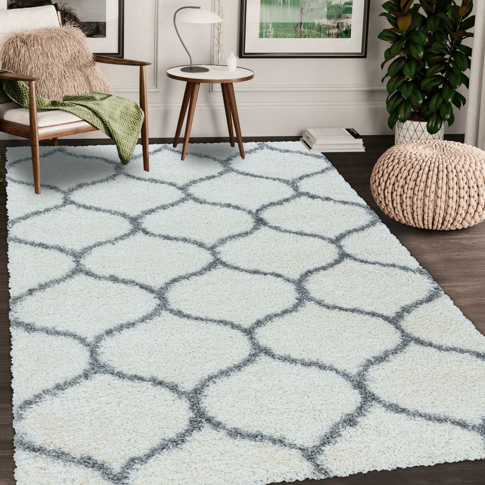Tapis shaggy 240x340 rectangle tissé crème motif scandinave scandinav a