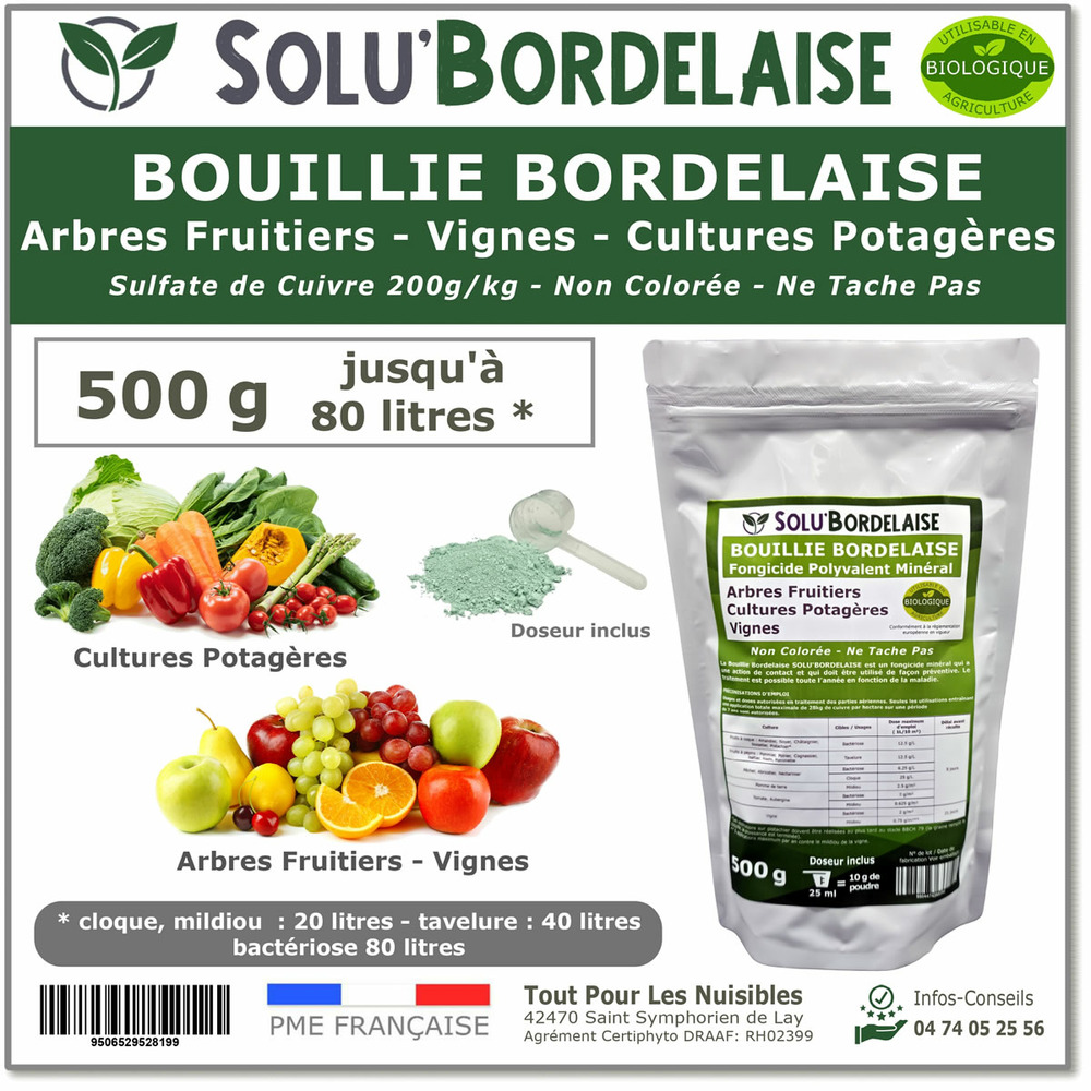 Solu'bordelaise - 500 g - bouillie bordelaise non colorée - polyvalent sulfate de cuivre- protection arbres fruitiers...
