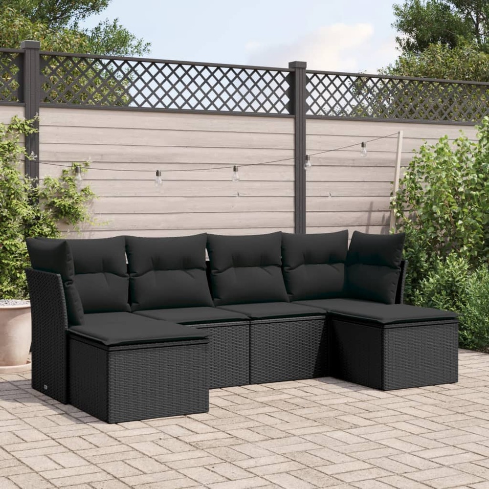 Salon de jardin 6 pcs avec coussins noir résine tressée
