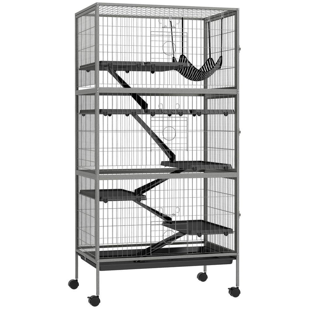 Grande cage en acier pour rongeurs 4 plateformes sur roulettes 80x52x159cm gris