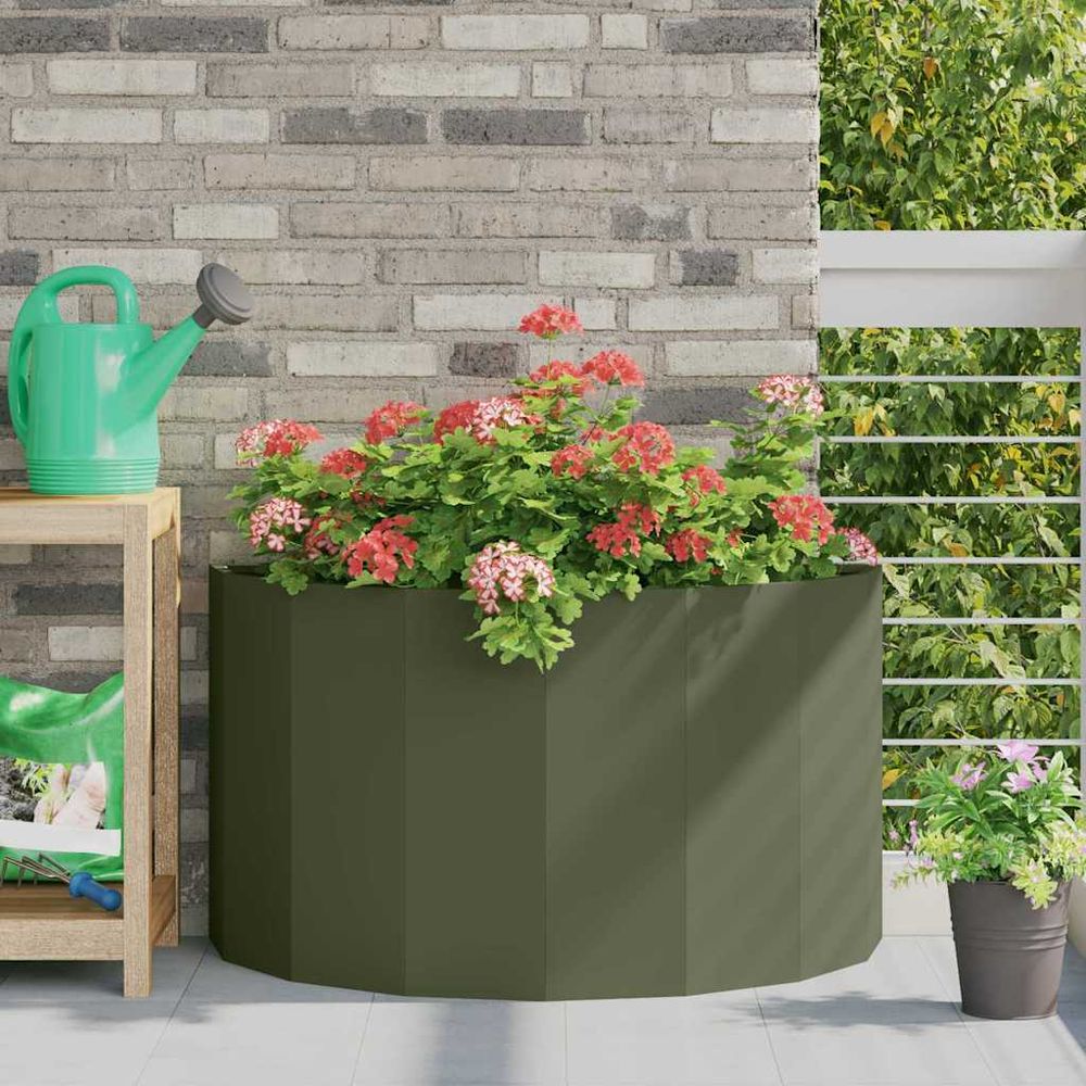 Jardinière demi-ronde acier pour jardin vert olive 90x45x50 cm