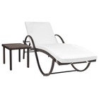 Transat chaise longue bain de soleil lit de jardin terrasse meuble d'extérieur avec coussin et table résine tressée marron 02