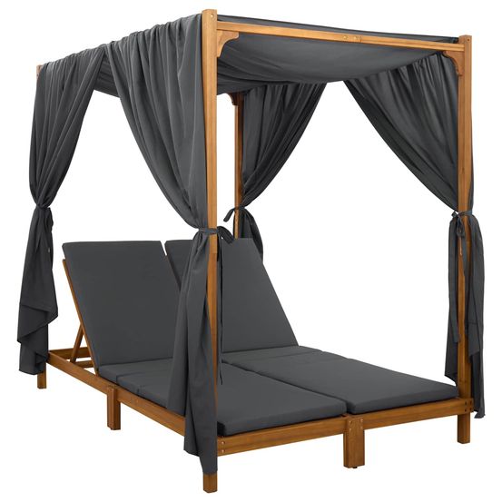 Chaise longue double avec auvent et rideaux gris foncé bain de soleil