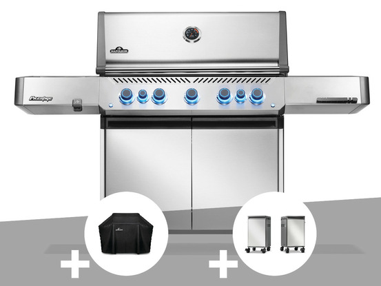 Barbecue à gaz prestige 665 inox + housse + 2 meubles de rangement tablette