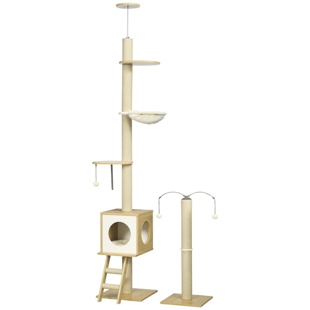 Arbre à chat plafond réglable 225-285 cm niche hamac et griffoir indépendant beige