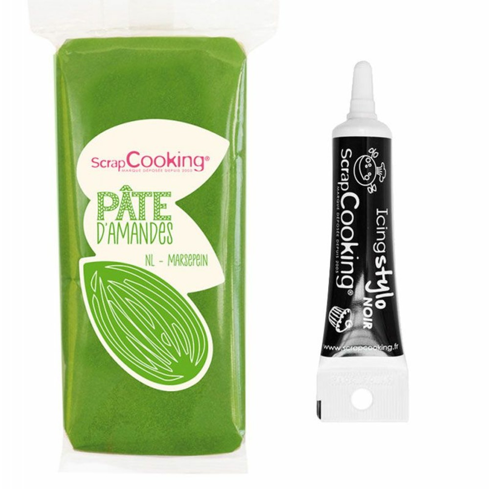 Pâte d'amande verte 200 g + stylo de glaçage noir