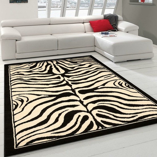 Tapis salle à manger 240x340 tissé noir rectangle motif animaux lyn1 zebro