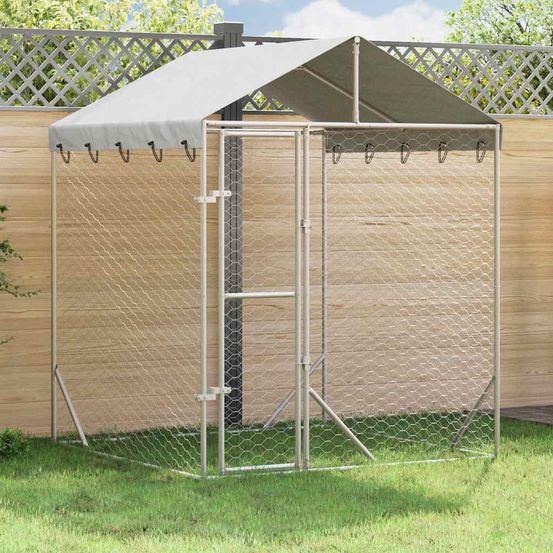 Enclos extérieur acier galvanisé avec toit anti-uv pour animaux argenté 2x2x2,5 m