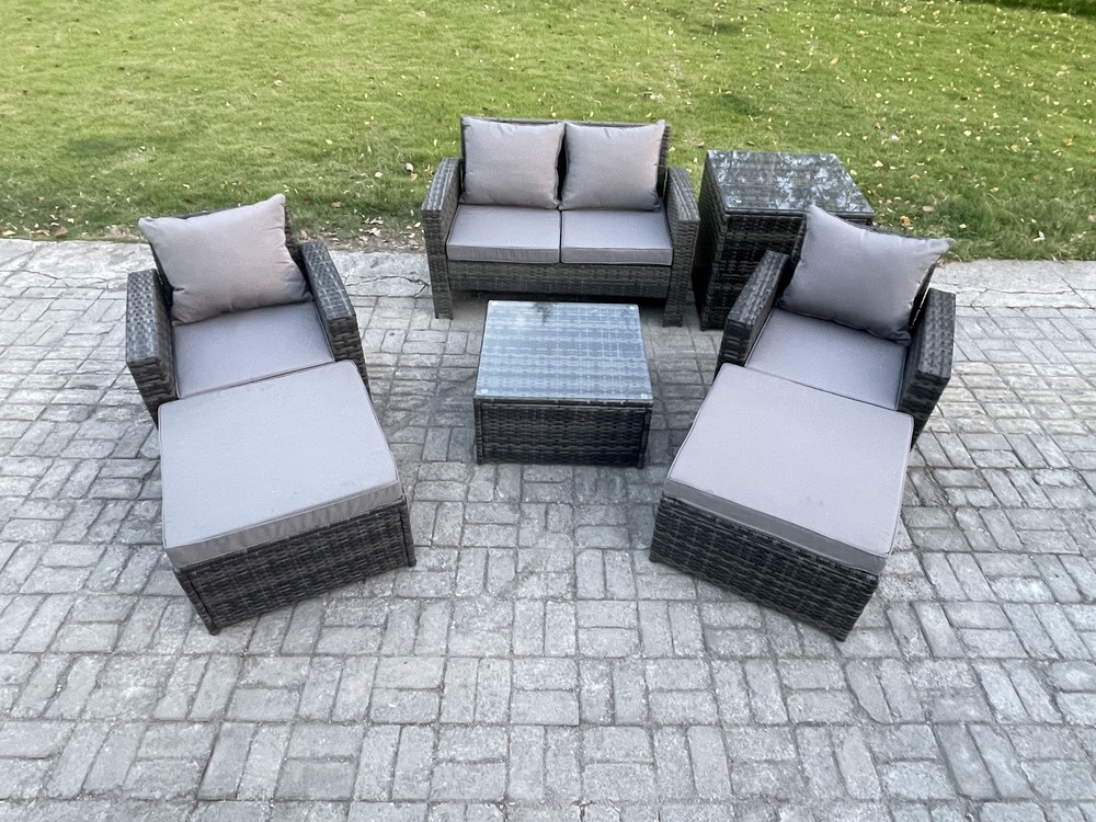 Ensemble de meubles de jardin en rotin ave table basse carrée chaise canapé 2 places grand tabouret