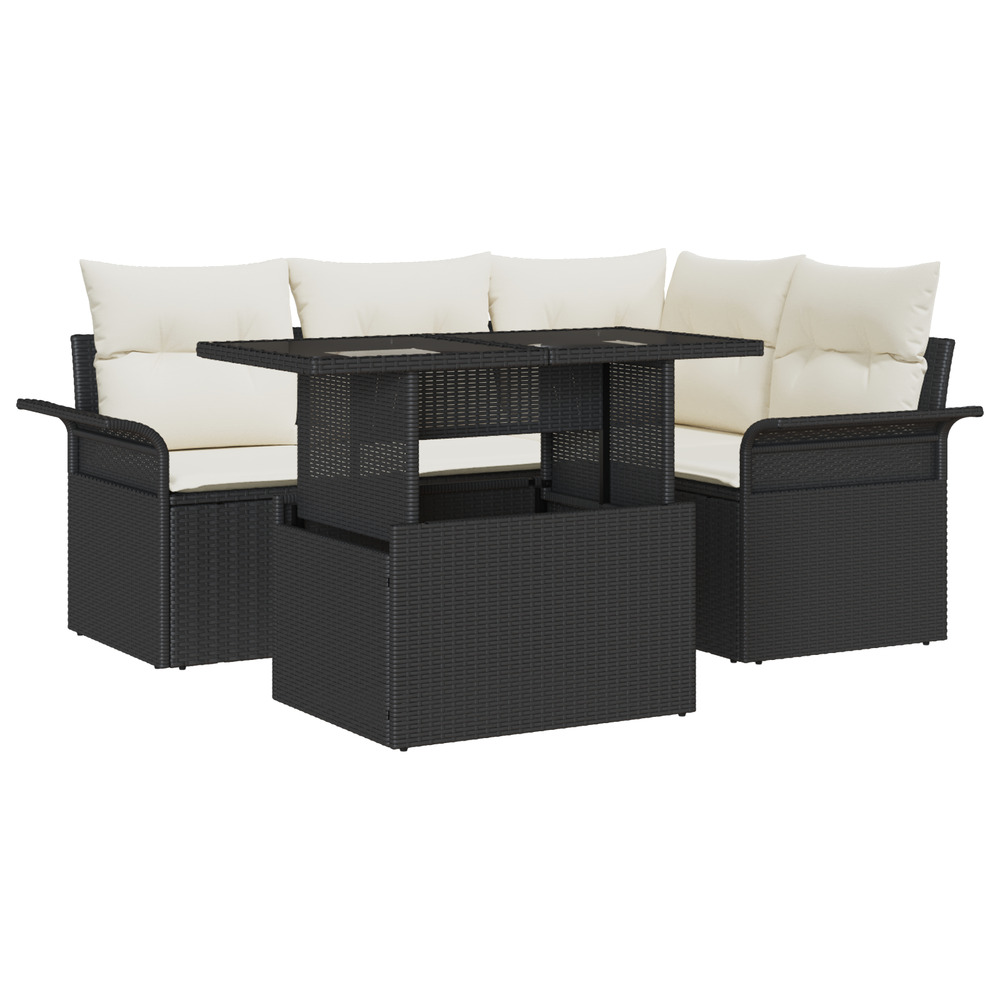 Ensemble de canapé de jardin 5 pièces avec coussins rattan poly noir