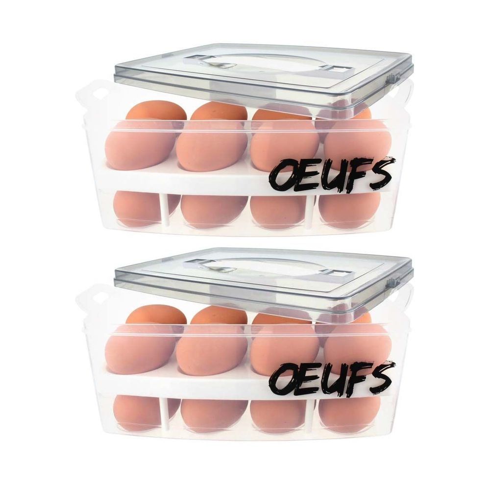 Boite à oeufs en plastique 24 emplacements 2 étages (lot de 2) couvercle gris