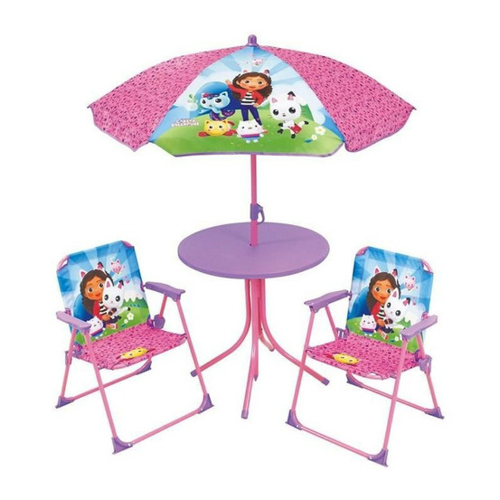 Mobilier de jardin - fun house - salon de jardin gabby et la maison magique table 46 x 46 cm 2 chaises pliantes parasol 125 x 10