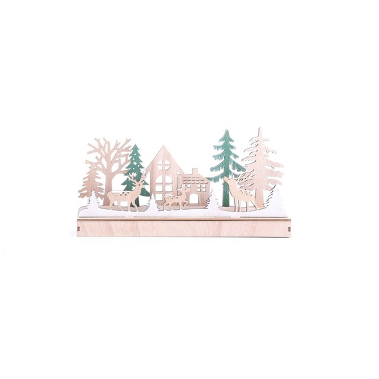 Décoration de noël à poser en bois maison forest deco - beige et vert