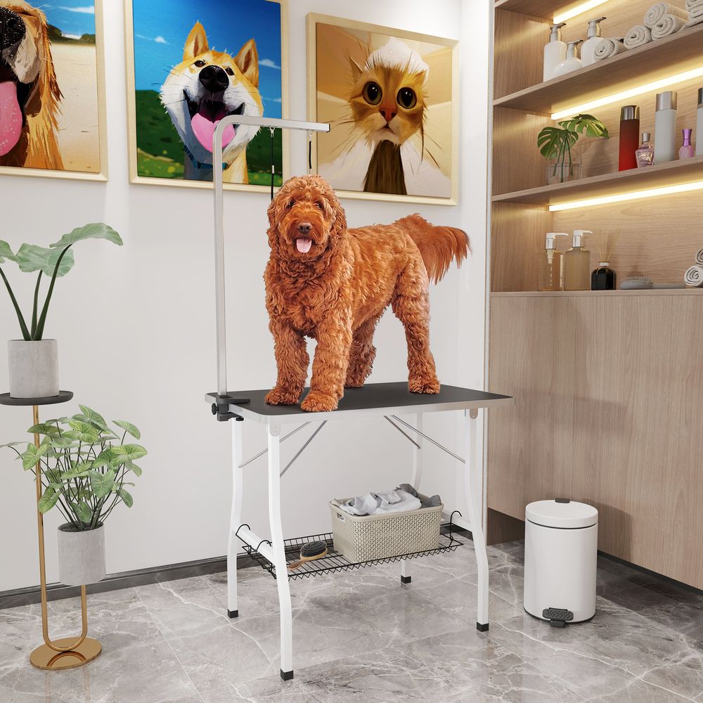Table de toilettage chien acier et caoutchouc noir 90 x 60 x 76 cm pliable avec bras réglable et rangement