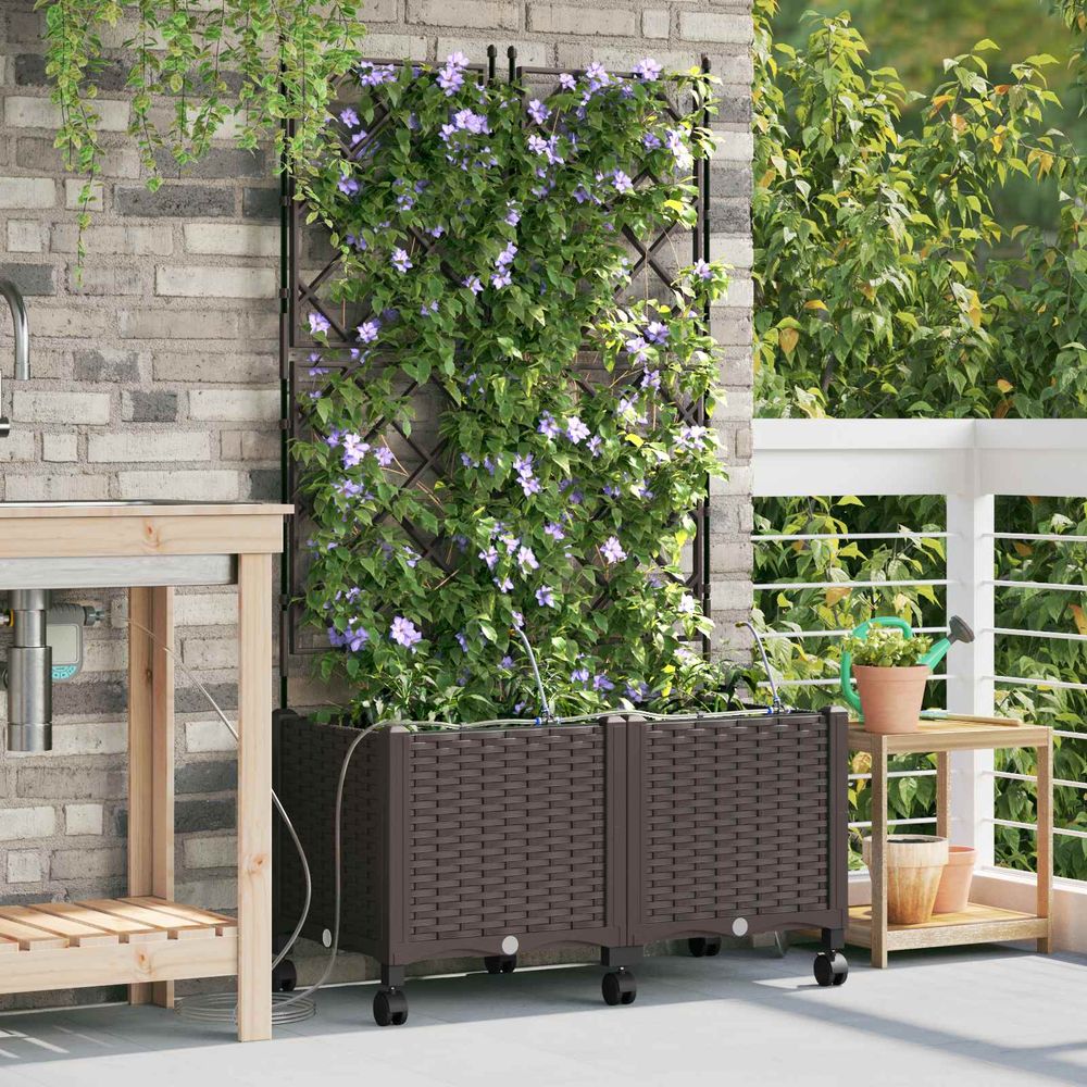Bac à fleurs roues polypropylène jardin terrasse treillis irrigation 80x40x148 marron