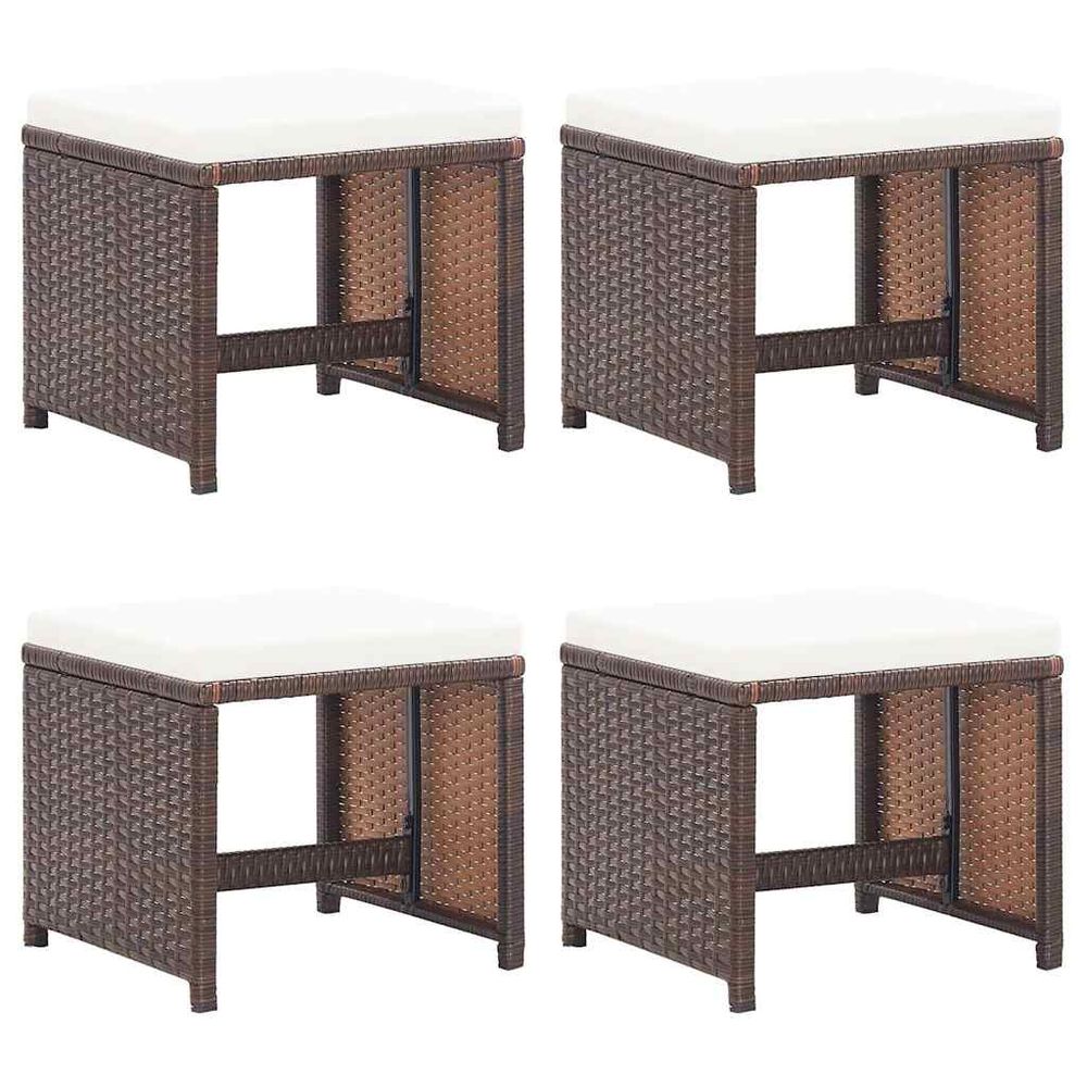 Tabourets de jardin lot de 4 et coussins résine tressée marron