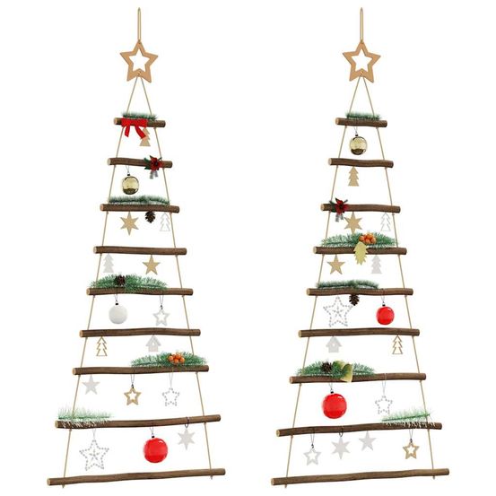 Lot de 2 sapins de noël muraux suspendus en bois naturel décoration 120 cm