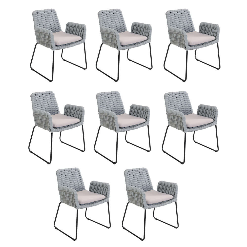Home deluxe chaise de jardin avec accoudoirs en cordage tressé balero gris clair - lot de 8 | revêtement en cordage, tissu en