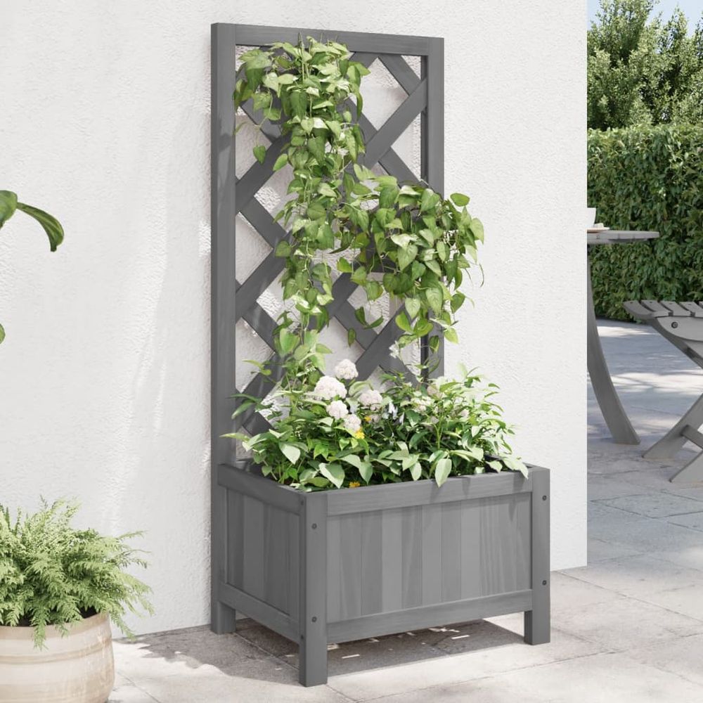 Jardinière avec treillage bois de sapin pour plantes grimpantes jardin terrasse gris 90cm