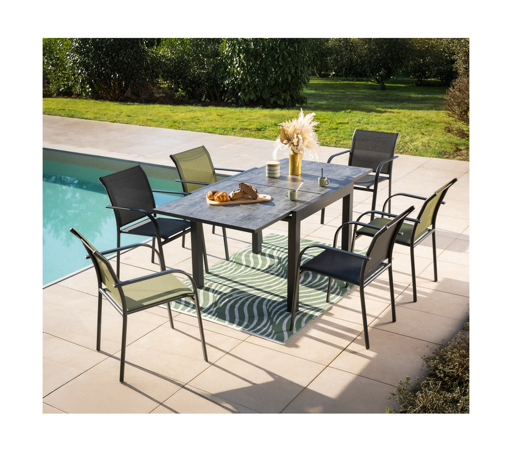 Ensemble table et chaises de jardin - 6 places - anthracite et vert - honfleur beziers ardoise