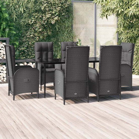 Ensemble à manger de jardin coussins 7pcs noir résine tressée