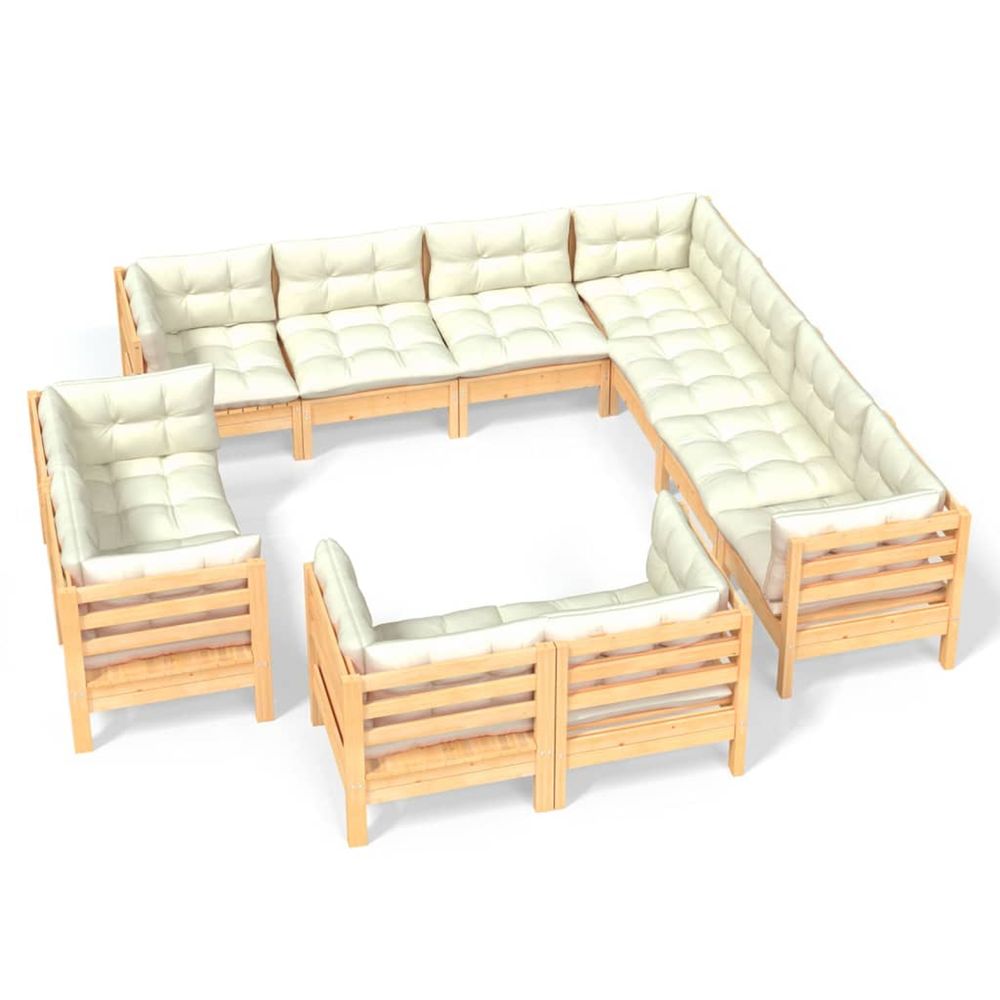 Salon de jardin 11 pcs avec coussins crème bois de pin solide