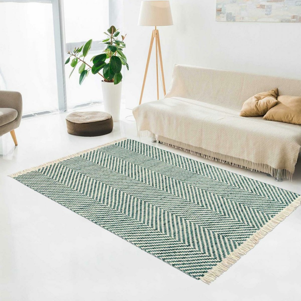 Tapis kilim 140x200 rectangle tissé en laine vert et beige motif simple twill