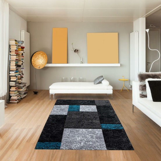 Tapis salon 160x230 tissé turquoise et gris rectangle motif géométrique