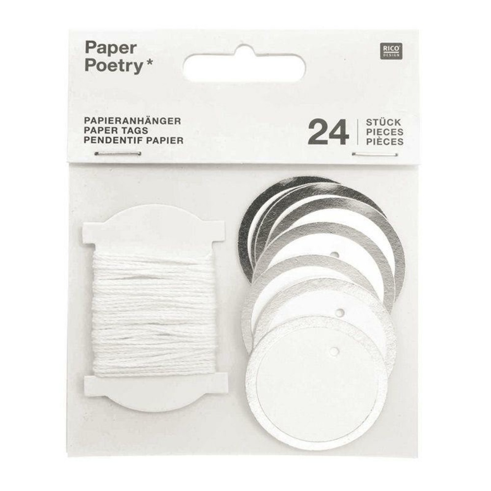 24 étiquettes à suspendre ronds blanches à contour argenté
