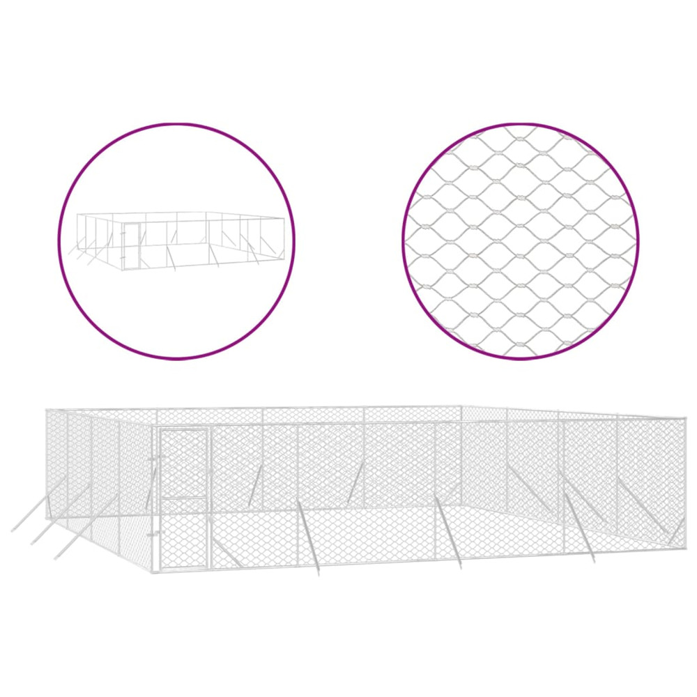 Chenil d'extérieur pour chiens argenté 8x8x2 m acier galvanisé