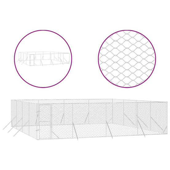 Chenil d'extérieur pour chiens argenté 8x8x2 m acier galvanisé