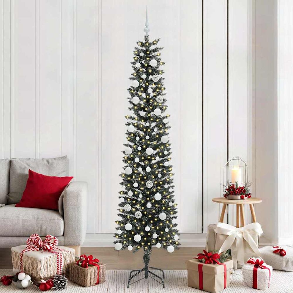 Sapin de fête design conique 210 cm, guirlande 300 led intégrée et 120 boules fournies