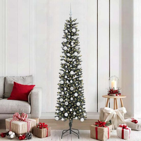 Sapin de fête design conique 210 cm, guirlande 300 led intégrée et 120 boules fournies