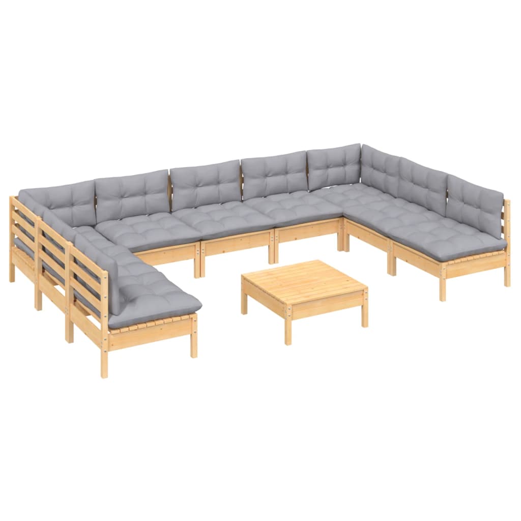 Salon de jardin meuble d'extérieur ensemble de mobilier 10 pièces avec coussins gris bois de pin massif