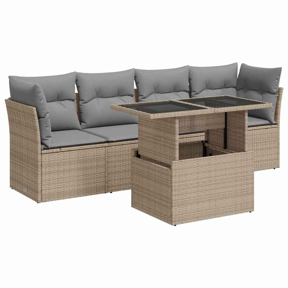 Salon de jardin avec coussins 5 pcs beige résine tressée