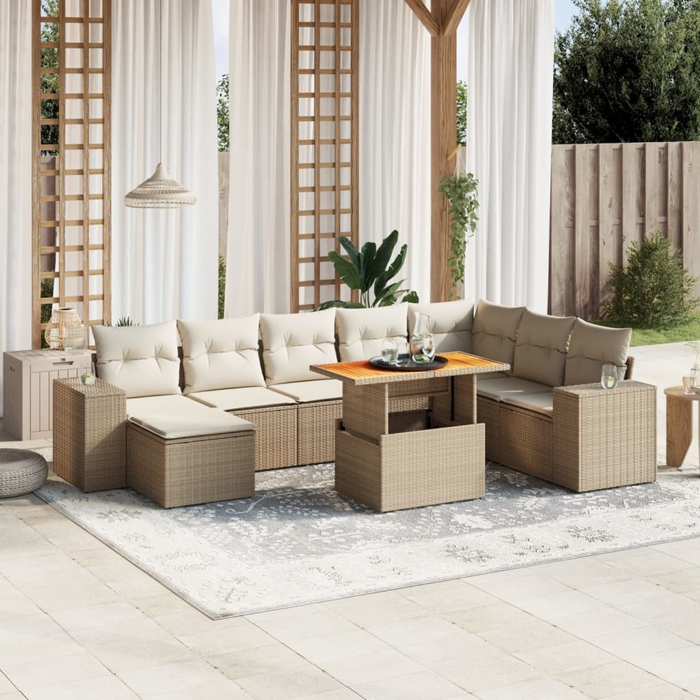 Salon de jardin avec coussins 9 pcs beige résine tressée