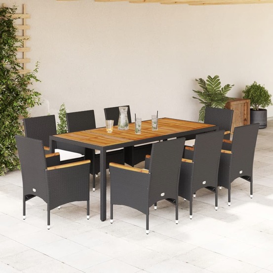 Ensemble à manger de jardin et coussins 9 pcs noir rotin acacia