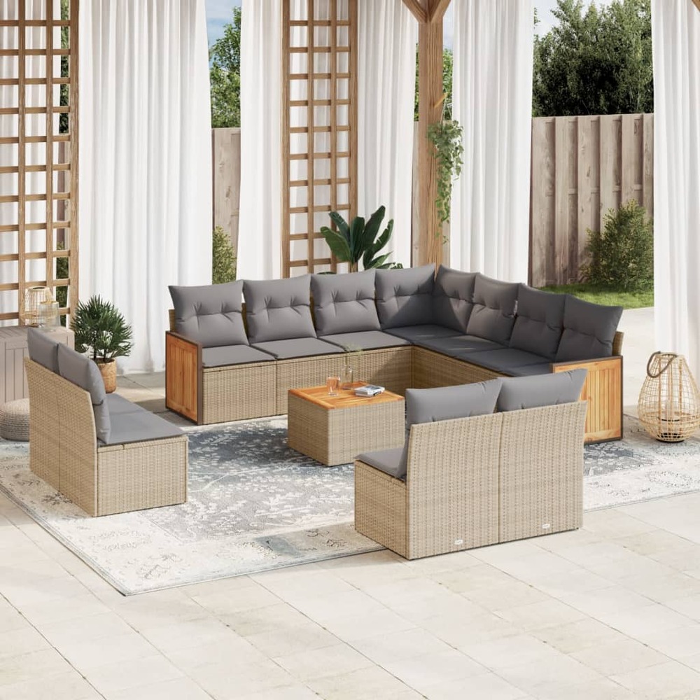 Salon de jardin avec coussins 12 pcs beige résine tressée