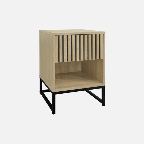 Table de chevet style contemporain avec 1 tiroir décor bois rainuré (système d'ouverture par pression) et 1 niche, piètement en