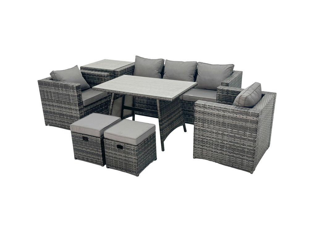7 places ensemble repas de jardin exterieur avec canapé table à manger 2 fauteuil 2 petits tabourets gris foncé mixte
