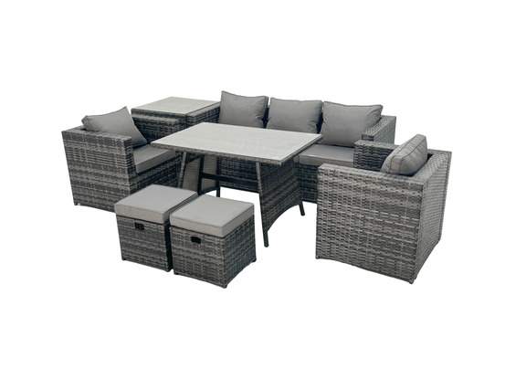 7 places ensemble repas de jardin exterieur avec canapé table à manger 2 fauteuil 2 petits tabourets gris foncé mixte