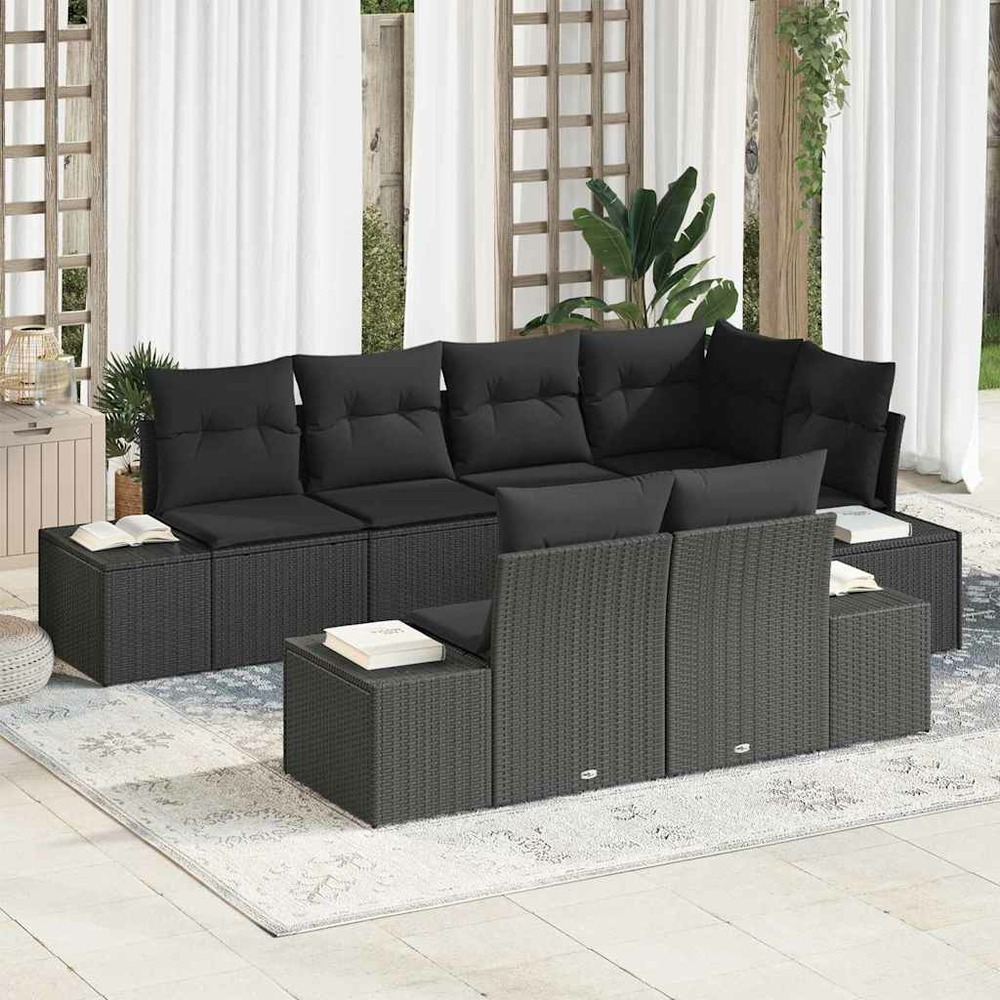 Ensemble de canapé de jardin avec coussin 7 pcs noir polyrotin