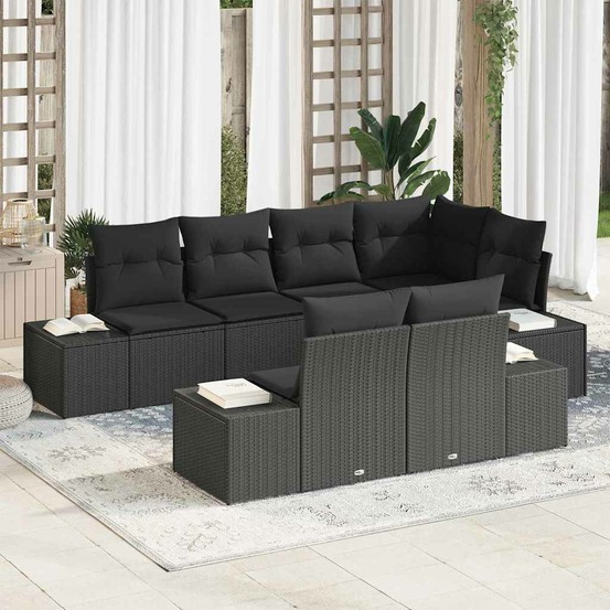 Ensemble de canapé de jardin avec coussin 7 pcs noir polyrotin