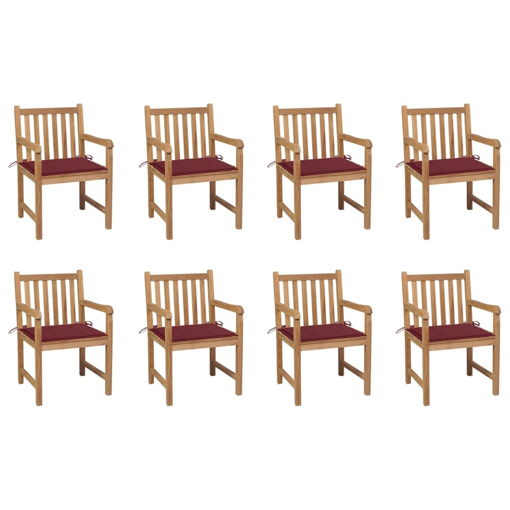 Chaises de jardin 8 pcs avec coussins bordeaux bois de teck